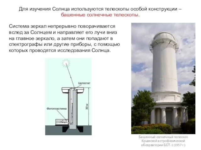 Для изучения Солнца используются телескопы особой конструкции – башенные солнечные