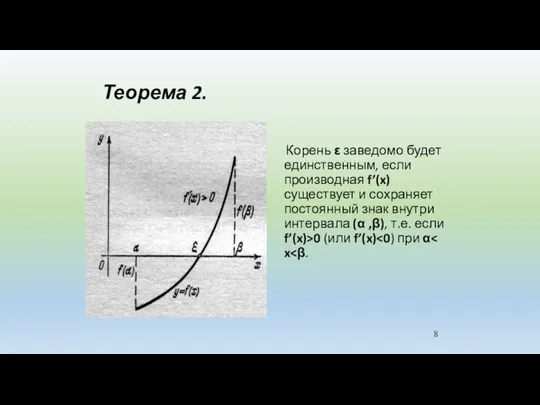 Теорема 2. Корень ε заведомо будет единственным, если производная f’(x)