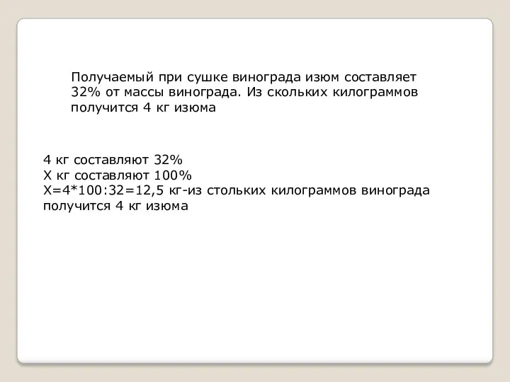 Получаемый при сушке винограда изюм составляет 32% от массы винограда.