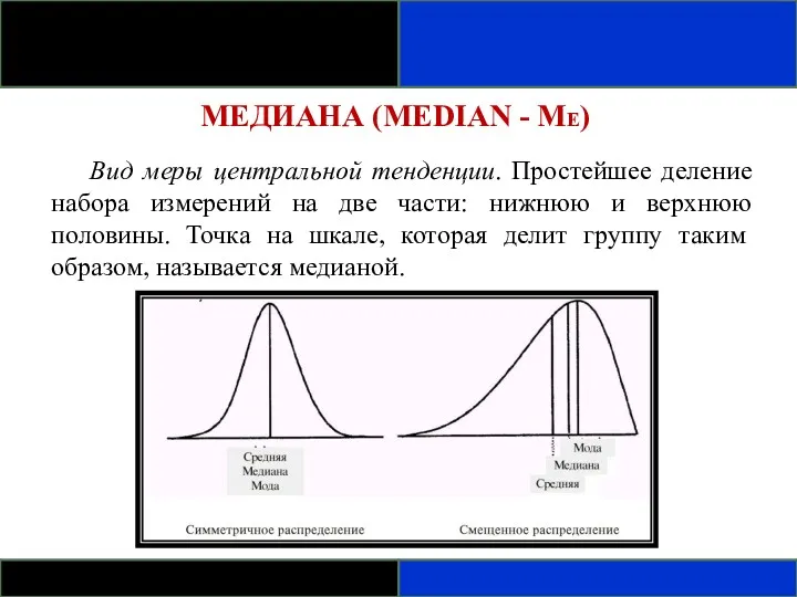 МЕДИАНА (MEDIAN - ME) Вид меры центральной тенденции. Простейшее деление