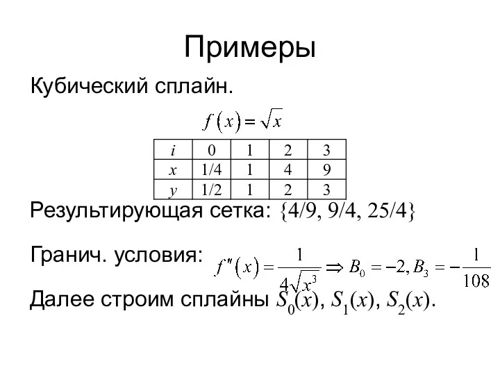 Примеры Кубический сплайн. Результирующая сетка: {4/9, 9/4, 25/4} Гранич. условия: Далее строим сплайны S0(x), S1(x), S2(x).