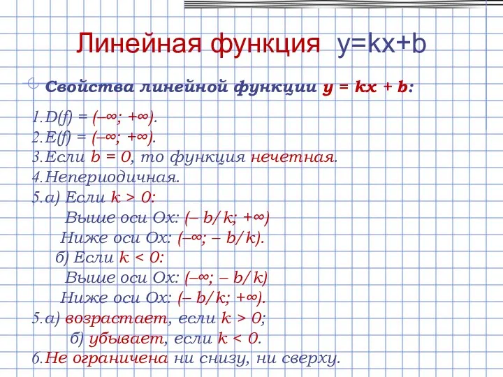 Линейная функция y=kx+b Свойства линейной функции y = kx +