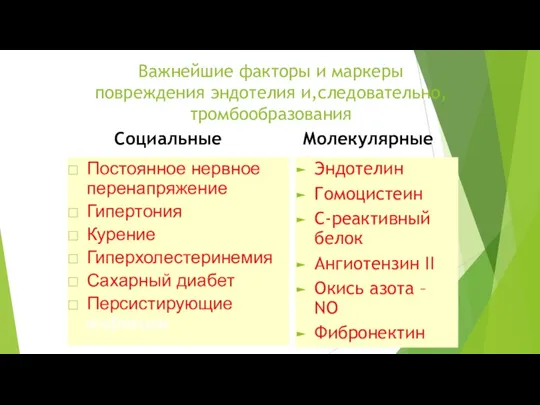 Важнейшие факторы и маркеры повреждения эндотелия и,следовательно, тромбообразования Эндотелин Гомоцистеин