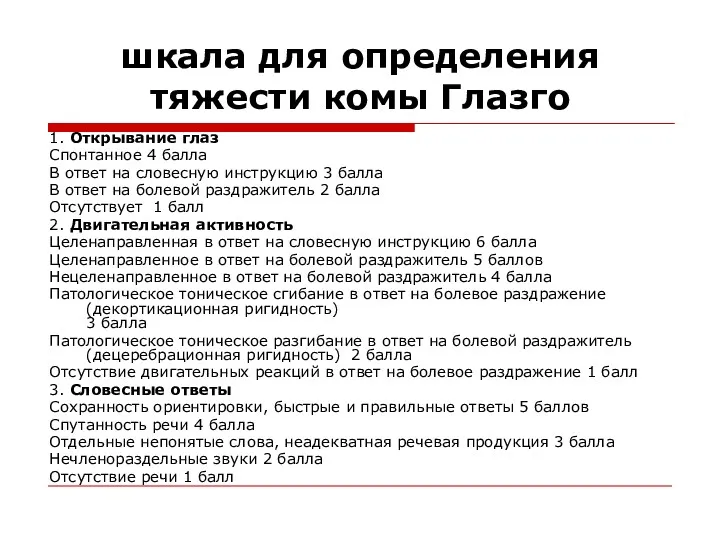 шкала для определения тяжести комы Глазго 1. Открывание глаз Спонтанное