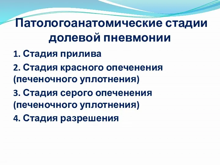 Патологоанатомические стадии долевой пневмонии 1. Стадия прилива 2. Стадия красного