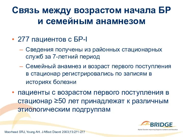 Связь между возрастом начала БР и семейным анамнезом 277 пациентов с БР-I Сведения