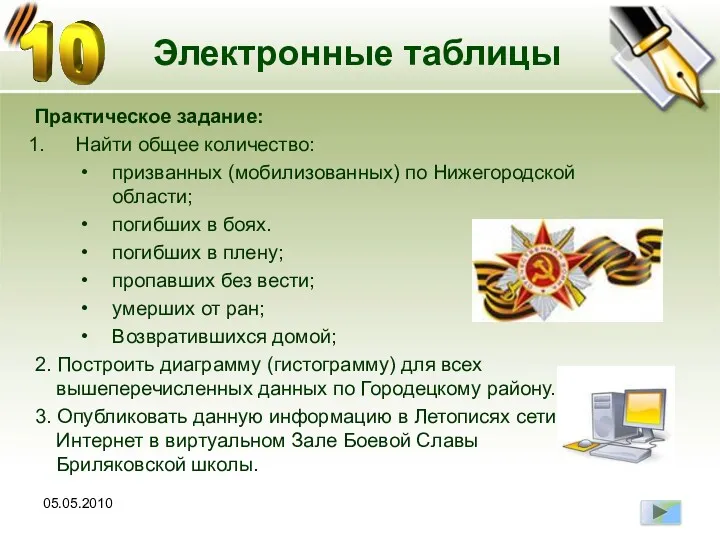 05.05.2010 Электронные таблицы Практическое задание: Найти общее количество: призванных (мобилизованных)