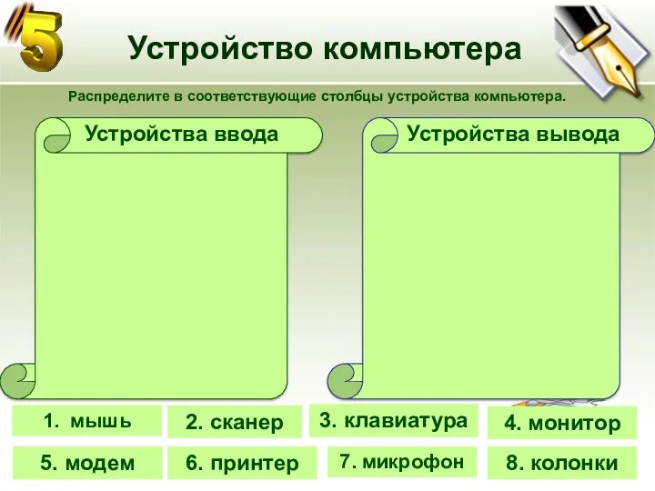 05.05.2010 Распределите в соответствующие столбцы устройства компьютера. 1. мышь 4.