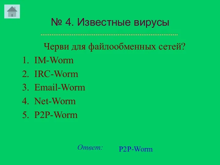 № 4. Известные вирусы Черви для файлообменных сетей? 1. IM-Worm