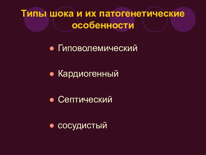 Типы шока и их патогенетические особенности Гиповолемический Кардиогенный Септический сосудистый