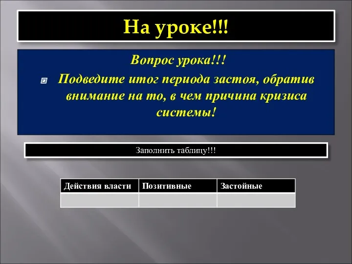 На уроке!!! Вопрос урока!!! Подведите итог периода застоя, обратив внимание