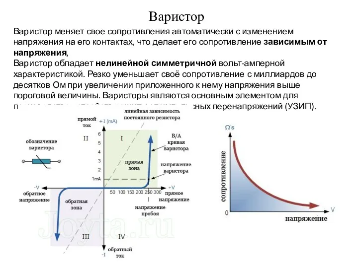 Варистор Варистор меняет свое сопротивления автоматически с изменением напряжения на