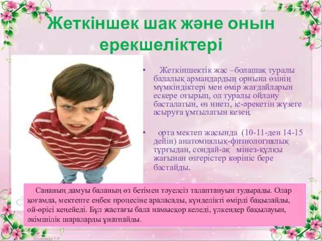 Жеткіншек шак және онын ерекшеліктері Жеткіншектік жас –болашақ туралы балалық