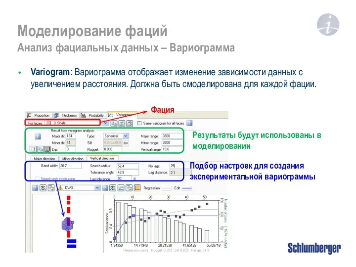 Моделирование фаций Анализ фациальных данных – Вариограмма Variogram: Вариограмма отображает