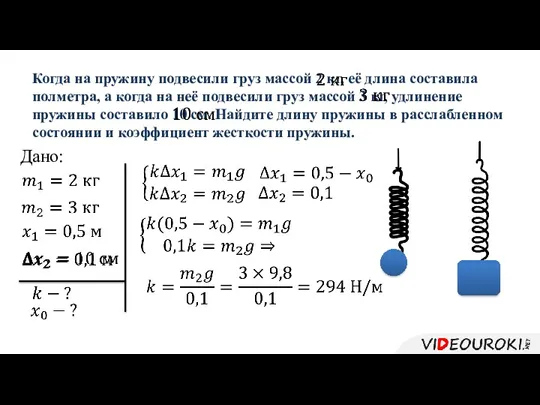 Когда на пружину подвесили груз массой 2 кг, её длина составила полметра, а