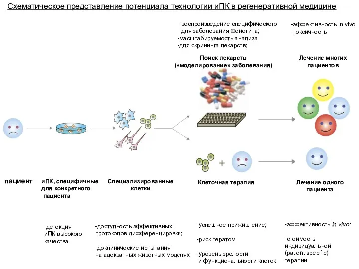Схематическое представление потенциала технологии иПК в регенеративной медицине пациент иПК, специфичные для конкретного