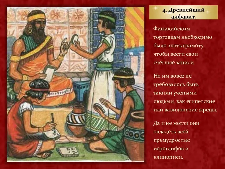 4. Древнейший алфавит. Финикийским торговцам необходимо было знать грамоту, чтобы