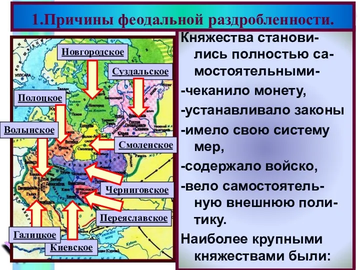 Подумайте, почему Рус ское государство рас палось на отдельные княжества?