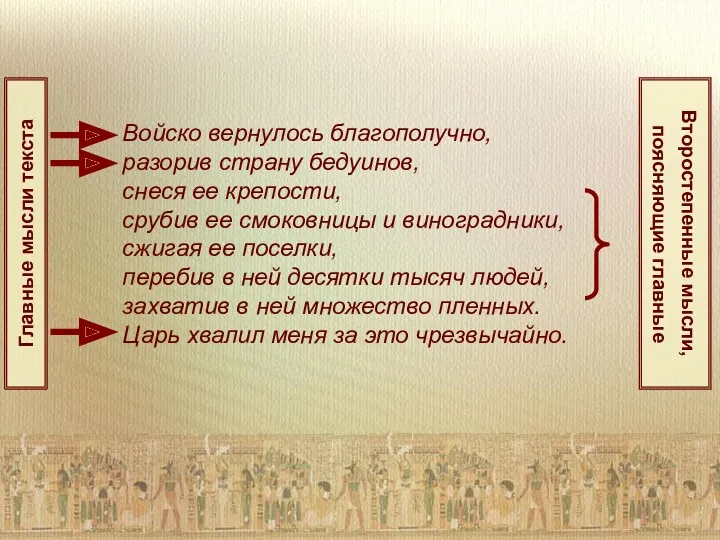 Войско вернулось благополучно, разорив страну бедуинов, снеся ее крепости, срубив