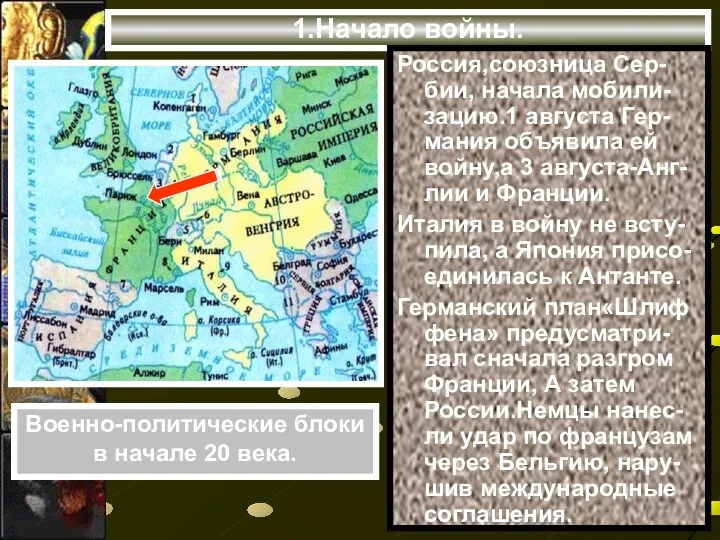 1.Начало войны. Россия,союзница Сер-бии, начала мобили-зацию.1 августа Гер-мания объявила ей