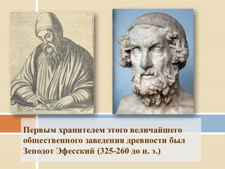 Первым хранителем этого величайшего общественного заведения древности был Зенодот Эфесский (325-260 до н. э.)