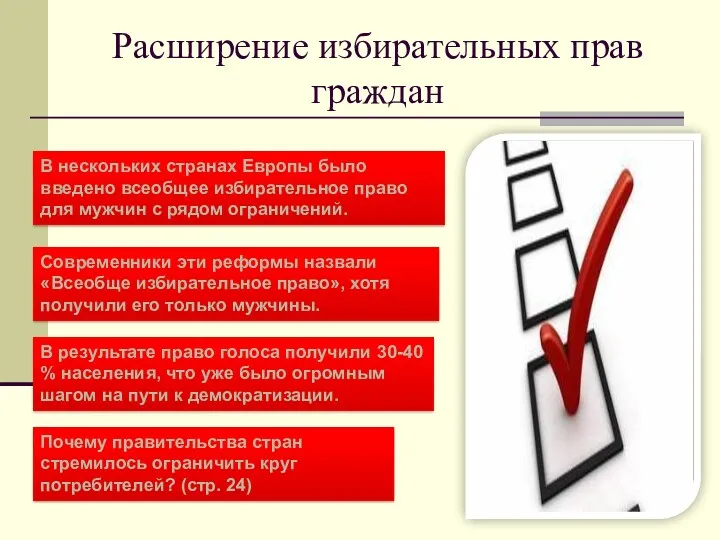 Расширение избирательных прав граждан В нескольких странах Европы было введено