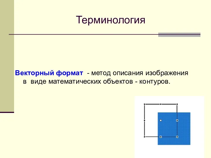 Терминология Векторный формат - метод описания изображения в виде математических объектов - контуров.