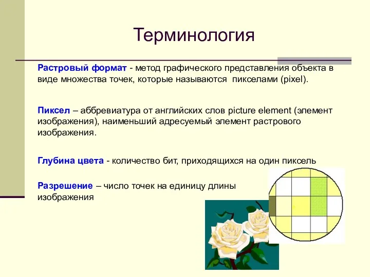 Терминология Растровый формат - метод графического представления объекта в виде