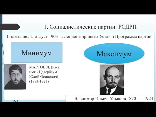 1. Социалистические партии: РСДРП II съезд июль- август 1903- в