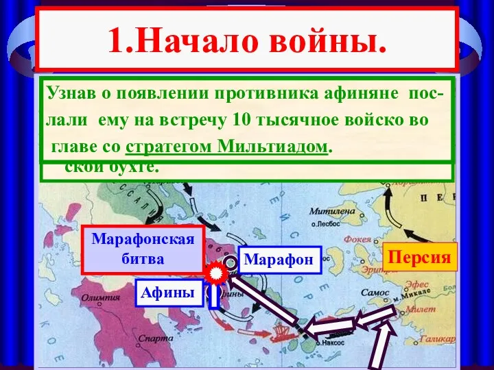 1.Начало войны. Марафон Афины Марафонская битва Персия В 490 г.