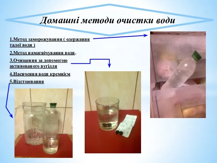 1.Метод заморожування ( одержання талої води ) 2.Метод намагнічування води.