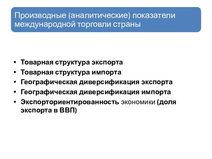 Товарная структура экспорта Товарная структура импорта Географическая диверсификация экспорта Географическая