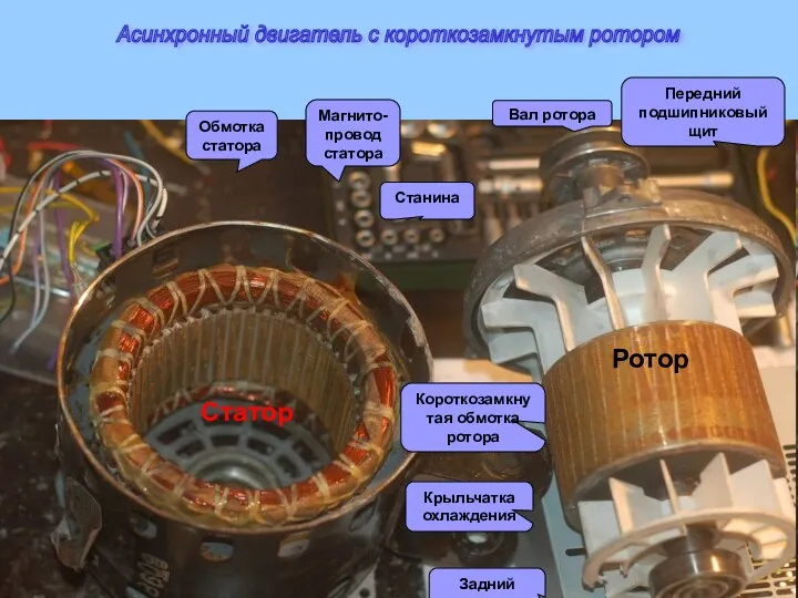 Обмотка статора Магнито-провод статора Станина Вал ротора Передний подшипниковый щит