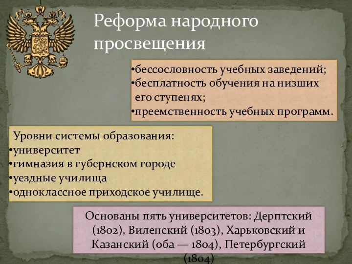 Реформа народного просвещения бессословность учебных заведений; бесплатность обучения на низших его ступенях; преемственность