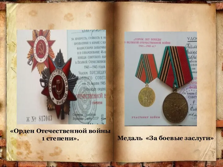 «Орден Отечественной войны 1 степени». Медаль «За боевые заслуги»