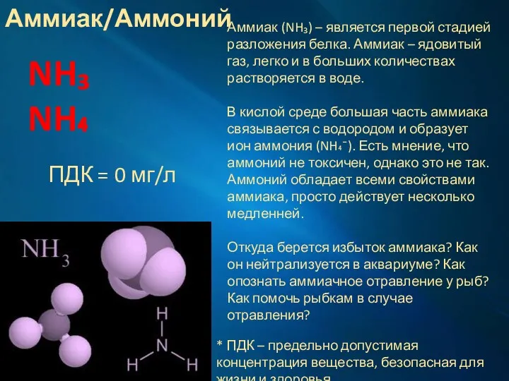 Аммиак/Аммоний NH₃NH₄ ПДК = 0 мг/л * ПДК – предельно допустимая концентрация вещества,