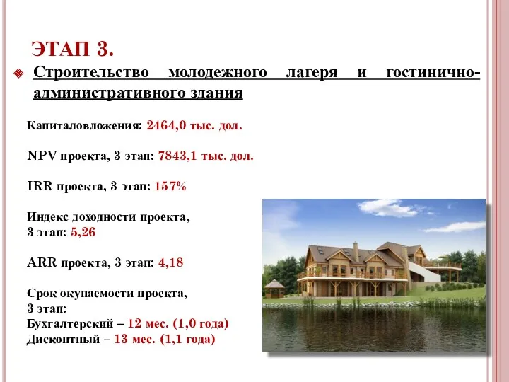 Строительство молодежного лагеря и гостинично-административного здания Капиталовложения: 2464,0 тыс. дол. NPV проекта, 3