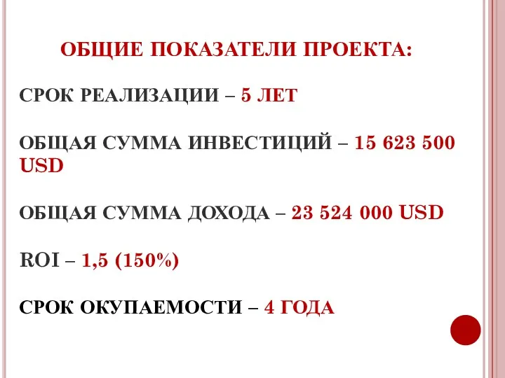 ОБЩИЕ ПОКАЗАТЕЛИ ПРОЕКТА: СРОК РЕАЛИЗАЦИИ – 5 ЛЕТ ОБЩАЯ СУММА ИНВЕСТИЦИЙ – 15