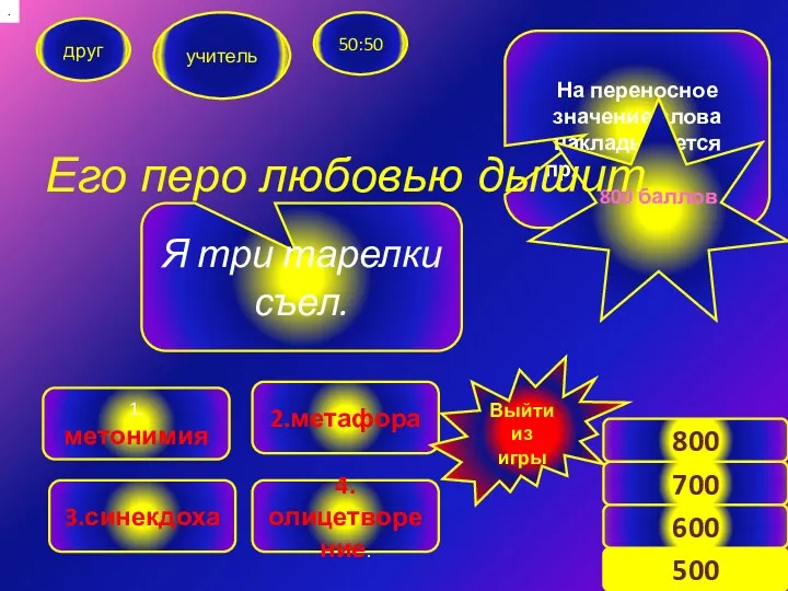 друг учитель 50:50 2.метафора 1. метонимия 3.синекдоха 4.олицетворение. Я три