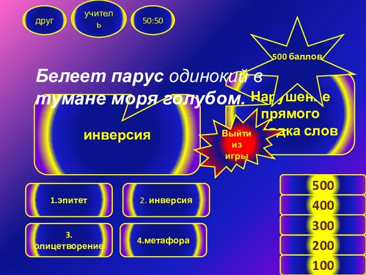 друг учитель 50:50 1.эпитет 2. инверсия 3.олицетворение 4.метафора инверсия Нарушение