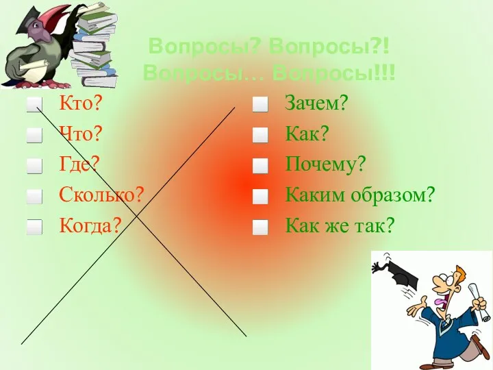 Вопросы? Вопросы?! Вопросы… Вопросы!!! Кто? Что? Где? Сколько? Когда? Зачем?