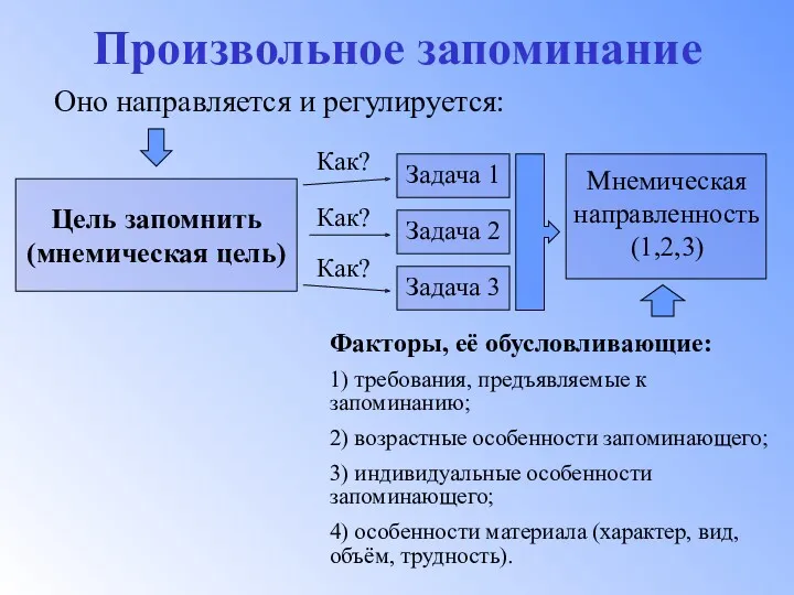 Произвольное запоминание Оно направляется и регулируется: