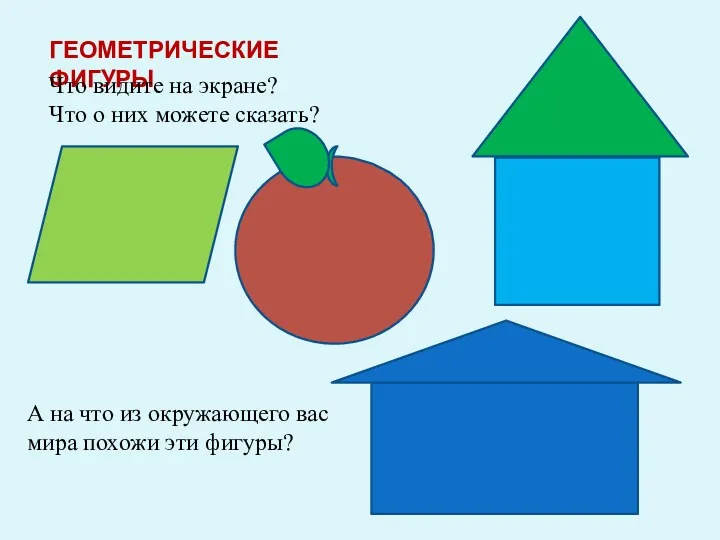 ГЕОМЕТРИЧЕСКИЕ ФИГУРЫ Что видите на экране? Что о них можете