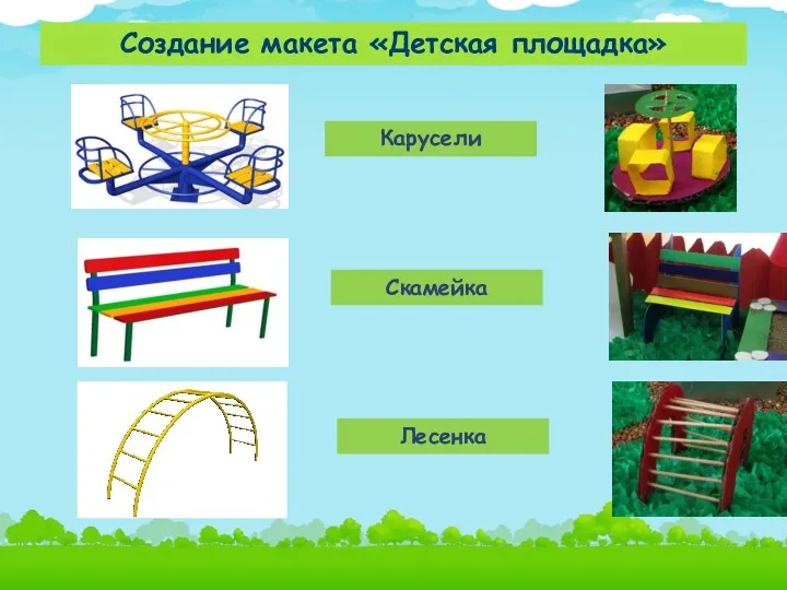 Создание макета «Детская площадка» Карусели Скамейка Лесенка