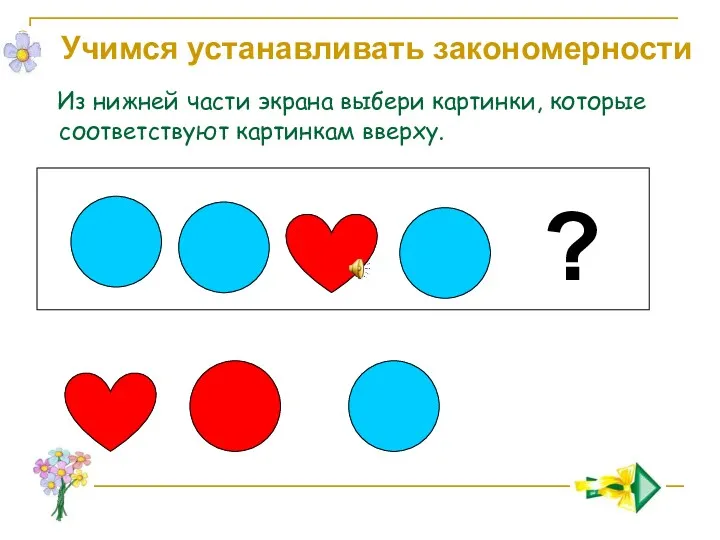 Учимся устанавливать закономерности Из нижней части экрана выбери картинки, которые соответствуют картинкам вверху. ?