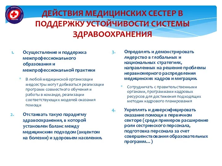 ДЕЙСТВИЯ МЕДИЦИНСКИХ СЕСТЕР В ПОДДЕРЖКУ УСТОЙЧИВОСТИ СИСТЕМЫ ЗДРАВООХРАНЕНИЯ Осуществление и