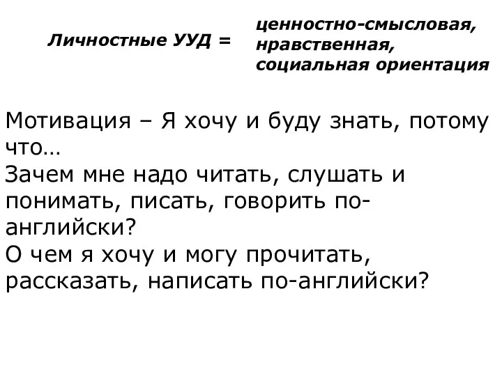 Личностные УУД = Мотивация – Я хочу и буду знать,