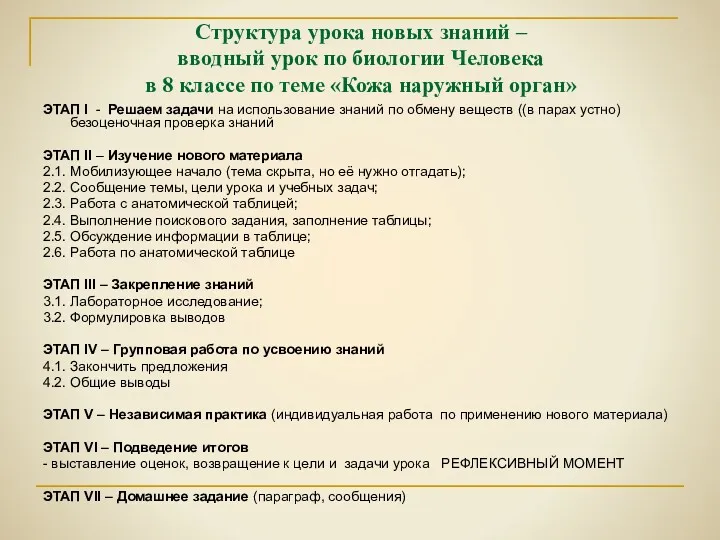 Структура урока новых знаний – вводный урок по биологии Человека