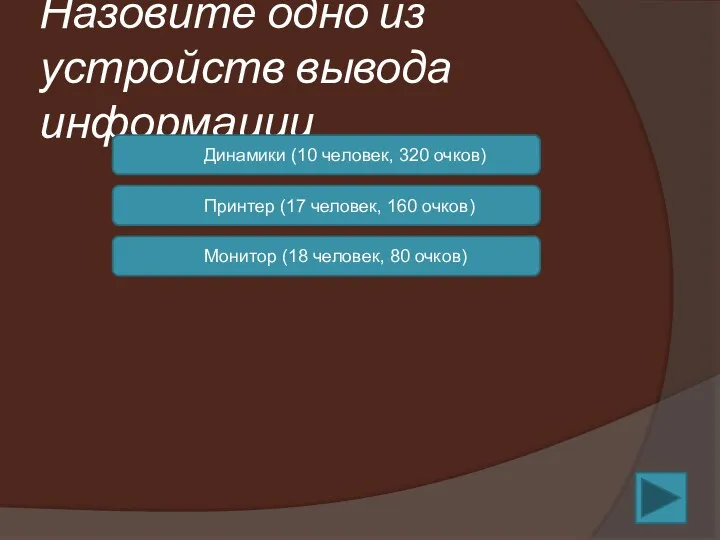 Назовите одно из устройств вывода информации Динамики (10 человек, 320