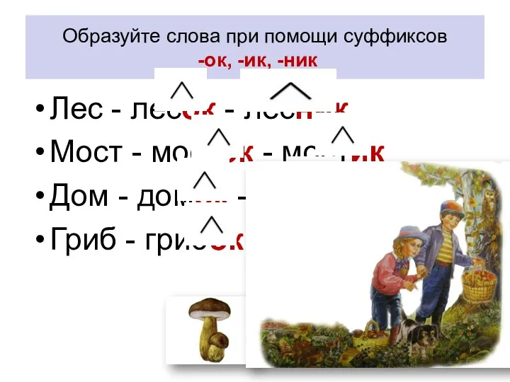 Образуйте слова при помощи суффиксов -ок, -ик, -ник Лес -